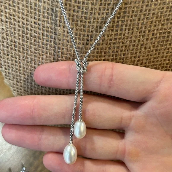 Rhodium over 925 Sterling Silver Freshwater Pearl Dangle Earrings & Necklace Set - Picture 11 of 15